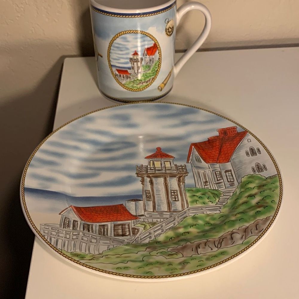 Royal Norfolk Coffee Mug and Plate set. Yerba Buena Island, California Lighthous